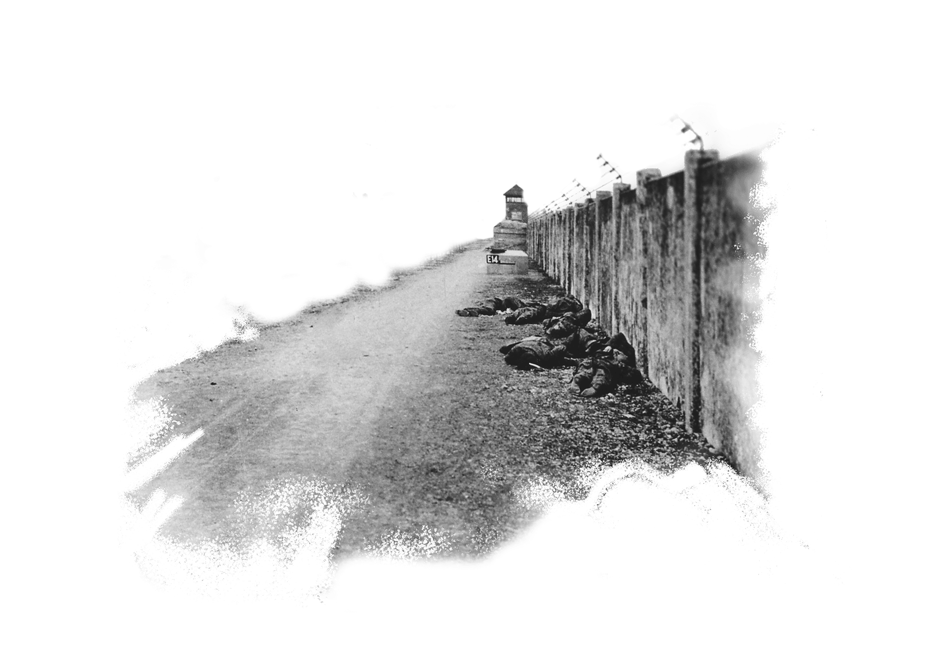 Mehrere Leichen von erschossenen SS-Wachleuten liegen an der Außenmauer des KZ Dachau. Im Hintergrund: ein Wachturm.