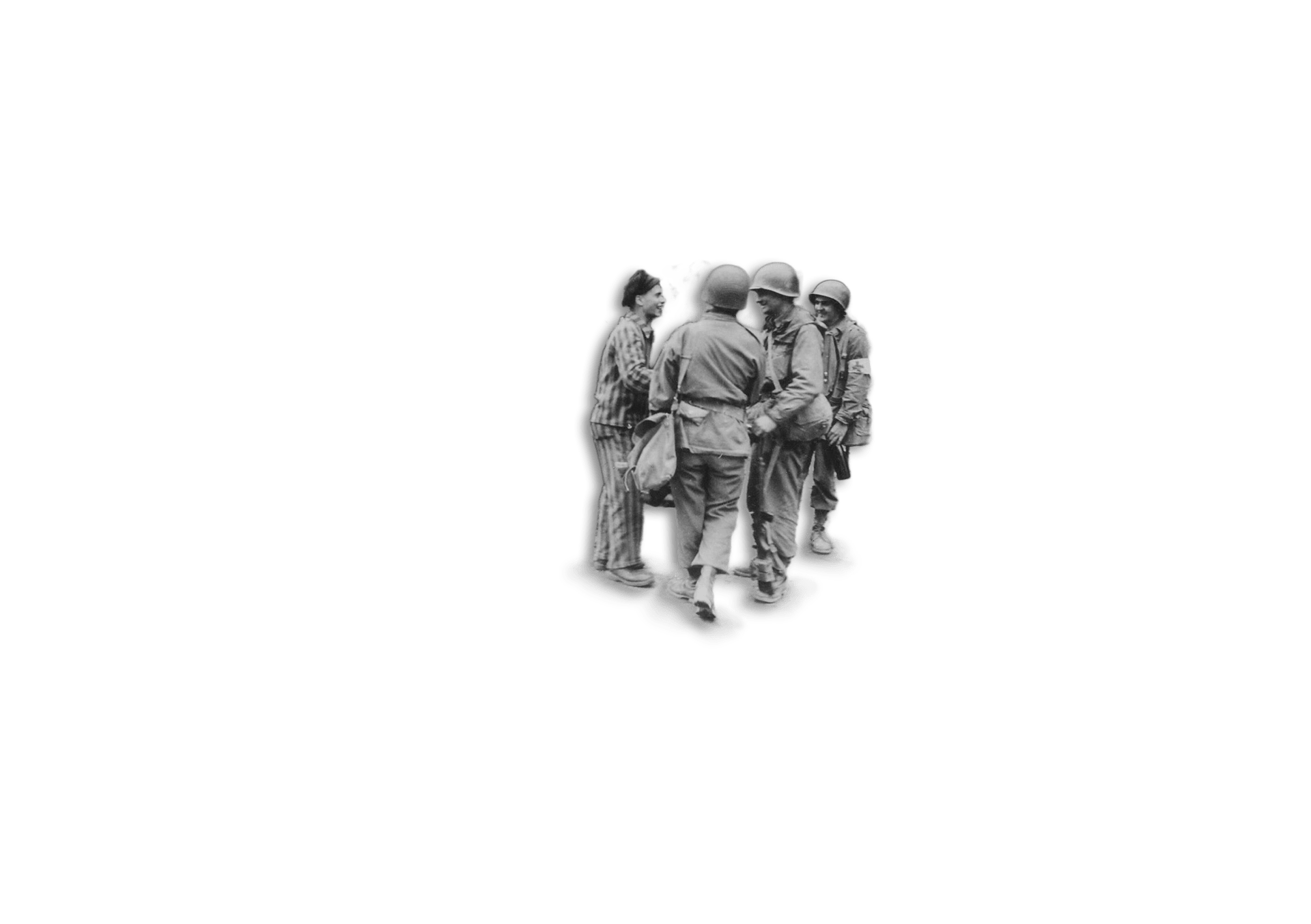 Ein unbekannter ehemaliger Häftling und drei US-Soldaten sprechen miteinander