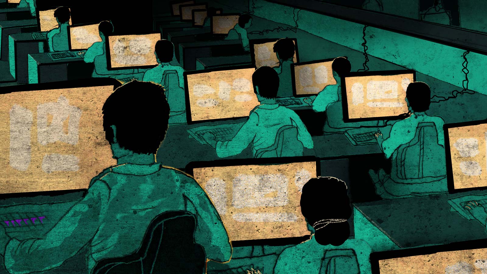 Chinesische Hacker sitzen in einem dunklen Büro vor leuchtenden Bildschirmen